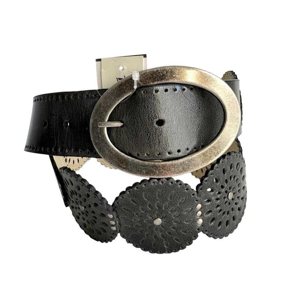 Black Leather Statement Belt Silver Buckle Western Cutout Amiee Lynn‎ 2X -3X